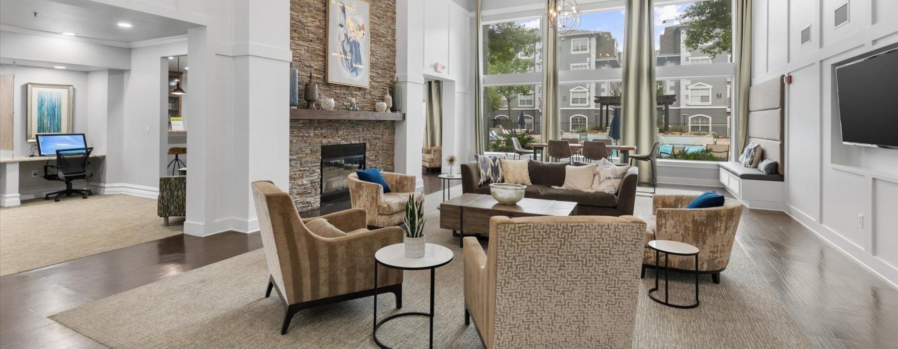 a living room with a fireplace